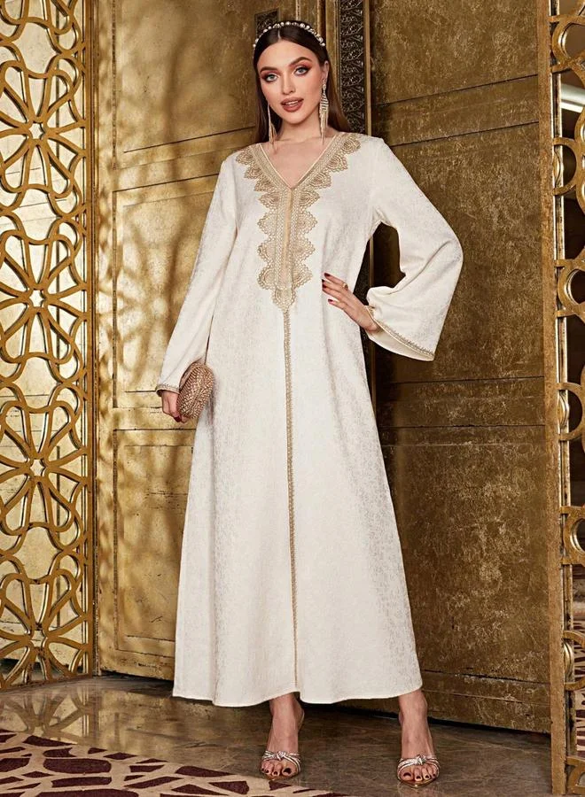 Take Two beige Beige V Neck Embroidered Panel Jalabiya for Women | Best Price UAE